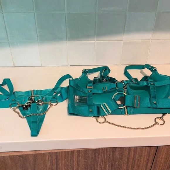 Honey Birdette KUKURO💚 Jade Green 2 Piece Set 32DD Harness Bra + Panty XS